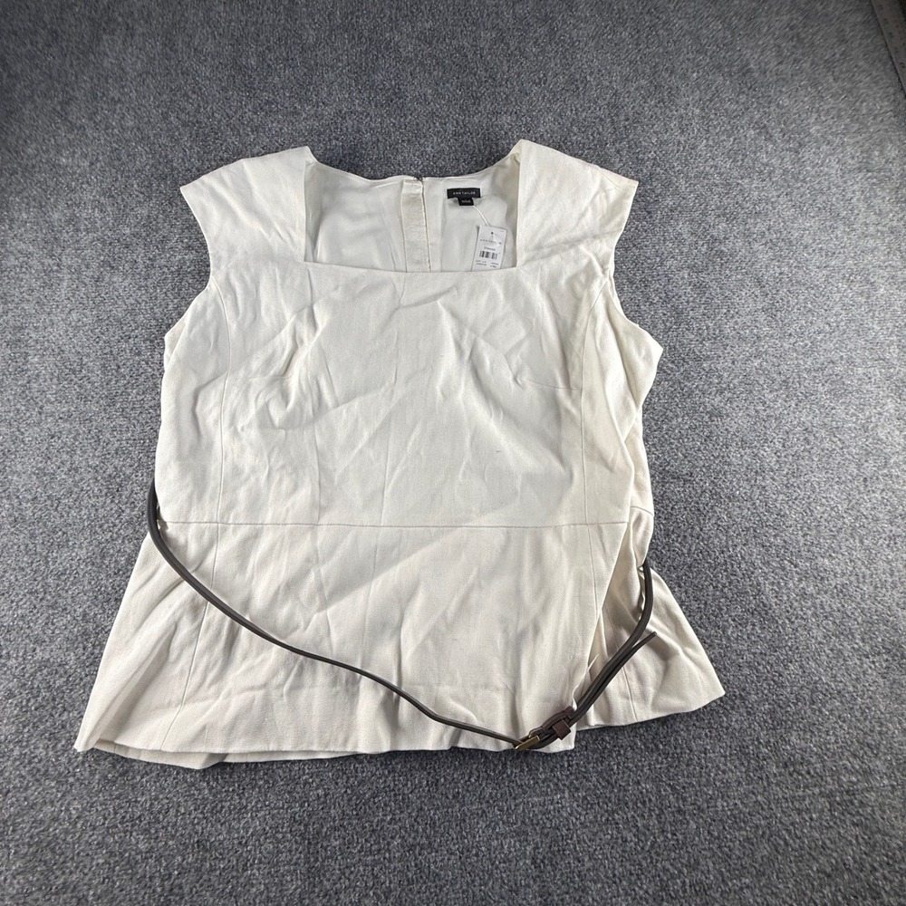 Ann Taylor Cream Herringbone Peplum Top Belted Square Neck Sleeveless Sz 18 NWT